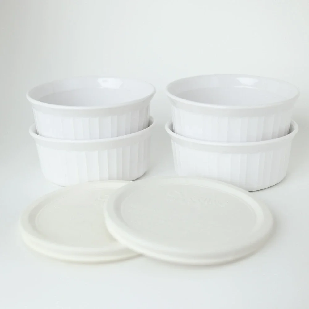 Lot of 4 Corning Ware French White F-16-B 500 ML Bowls w/ 2 Lids Ramekin Set